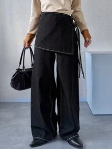 FRIFUL Women's Fashion Button Pocket Denim Jeans & Lace-Up Denim Skirt Set - Black - View 7