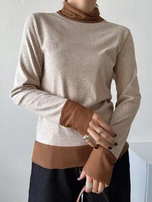 FRIFUL Women's Colorblock Stand Collar Long Sleeve Casual Versatile T-Shirt - Brown - View 6