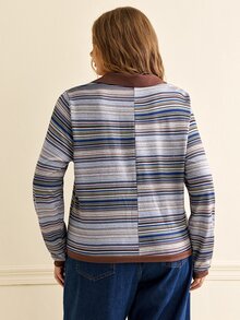 Écloséra Curve Plus Size Women's Spring/Autumn Vintage Minimalist Casual Daily Commute Versatile Shirt, Turn-Down Collar Ribbed Patchwork Ribbed Fabric Long T-Shirt - Multicolor - View 2