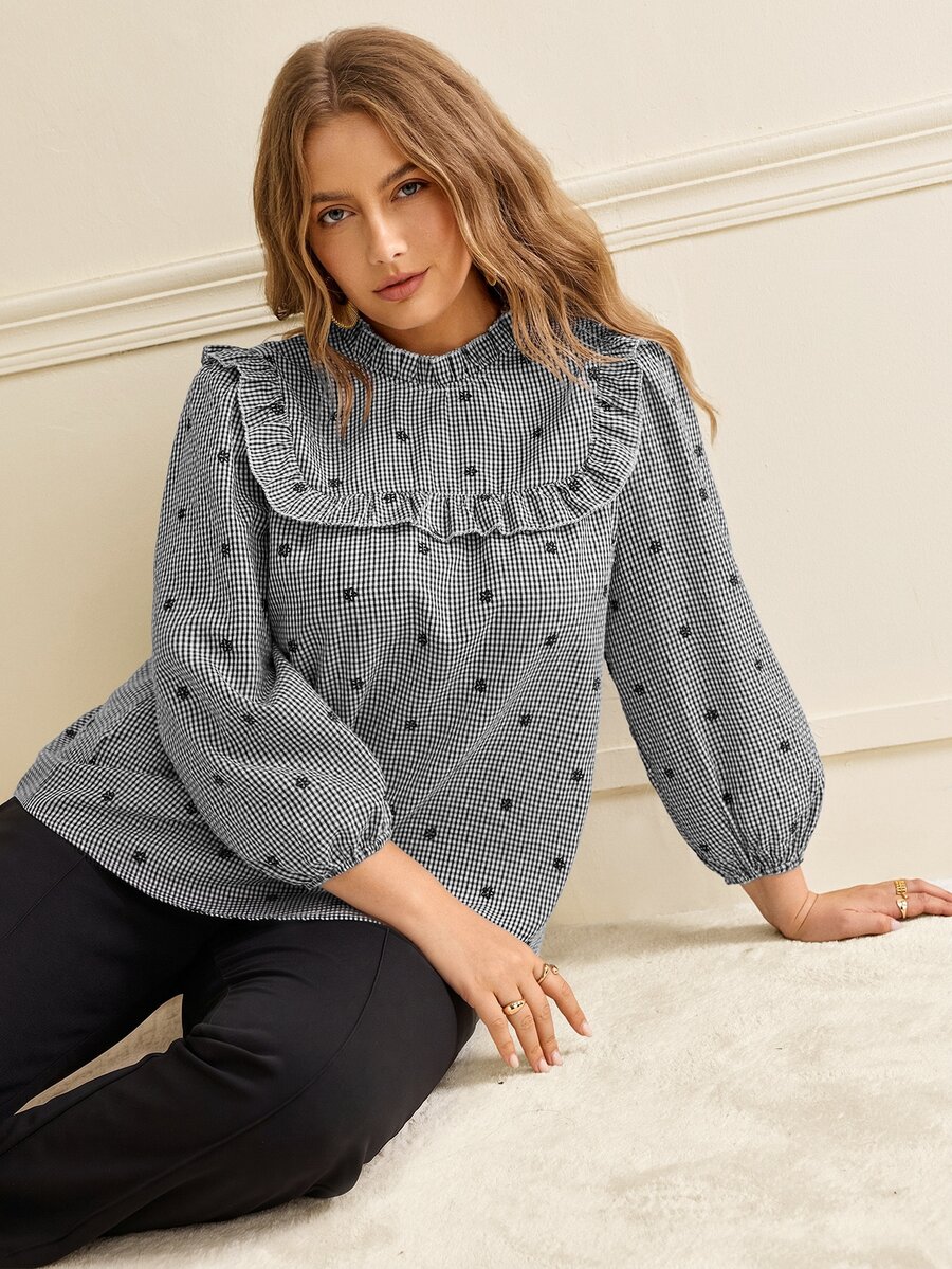 Écloséra Curve Plus Size Women's French Vintage Plaid Shirt, Woven Fabric, Ruffle Collar, Frill Trim, Embroidered Puff Long Sleeve Blouse - Black - View 1