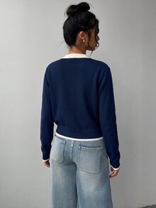 SHEIN BASICS Women's Colorblock Casual Versatile Daily Wear Cardigan - Navy Blue - View 2