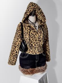 SHEIN ICON Women's Plus Size Leopard Print Flannel Hooded Sweatshirt - Brown - View 7