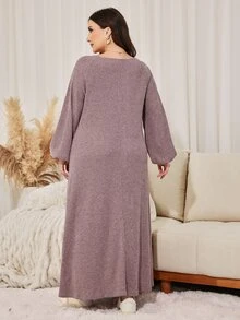 Lacomfia Women's Lantern Sleeve Embroidered Patchwork Casual Daily Versatile Autumn Pink Plus Size Dress - Pink - View 2