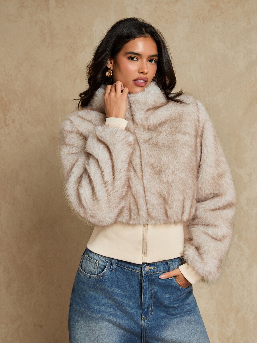 Glamine Women's Casual Silver Fox Ribbed Cropped Jacket With Zipper Front - Apricot - View 1