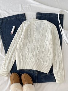 SHEIN 青少年女孩/小女孩秋冬休閒街頭時尚學院風厚款米色針織提花熊刺繡V領套頭毛衣，適合返校與日常穿著 - 米色 - 查看 5