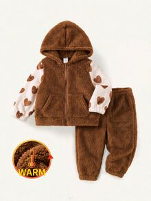 SHEIN Baby Girl Heart Print Thick Plush Patchwork Contrast Color Hooded Zip-Up Jacket With Cuffed Hem And Straight Leg Solid Color Plush Pants, Suitable For Winter - Brown - View 3