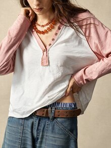 Bohemela 休閒針織拼色半開襟女款T恤 - 粉色 - 查看 4