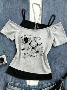 Women's Creative Fresh Cute Rabbit & Cat Shaped Earphone Design Fun Letter Print 2 In 1 Asymmetrical Shoulder Short Sleeve Top - Multicolor - View 1