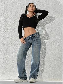SHEIN PETITE Women's Casual Daily Denim Jeans With Pockets And Buttons - Blue - View 1
