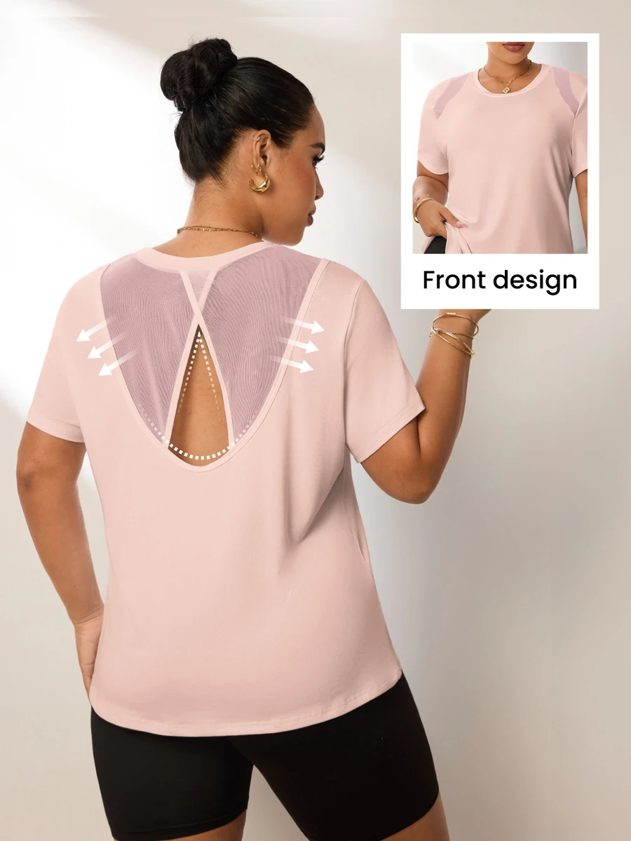Rhythm Era Plus Size Women Mesh Patchwork Back Short Sleeve T-Shirt, Casual Fitness Workout - Baby Pink - View 1
