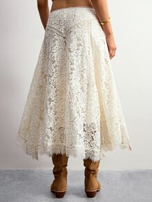 Willow Rêve Women's White Lace Asymmetrical Hem Midi Skirt - Cream - View 2