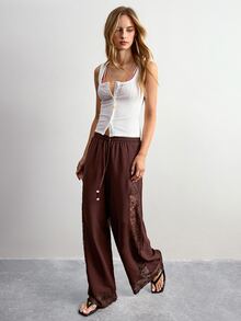 Willow Rêve 女款蕾絲拼接休閒日常穿著長褲 - 棕色 - 查看 3