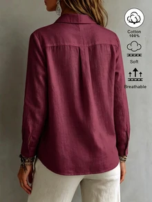 SHEIN EZwear 女款領口長袖鈕扣設計休閒度假極簡日常外出上衣 浪漫新款修身收腰秋季襯衫 - 酒紅色 - 查看 2