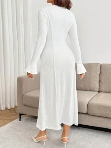 SHEIN Maternity Solid Color Round Neck Bell Sleeve Casual Dress Fall - White - View 2
