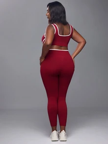 Voyena Plus Size Colorblock Tank Top And Criss-Cross Waist Long Pants Set - Red - View 6