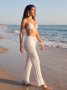 CAJUNI Off-White Knit And Poplin Beach Cover-Up Pants With Waist Tie – Summer, Vacation, Beachwear - White - View 3