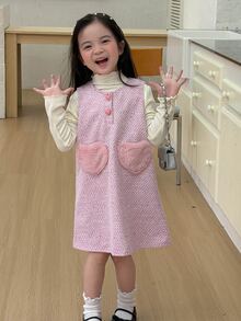 DAZY Young Girl Tweed Heart Button Dress - Pink - View 1