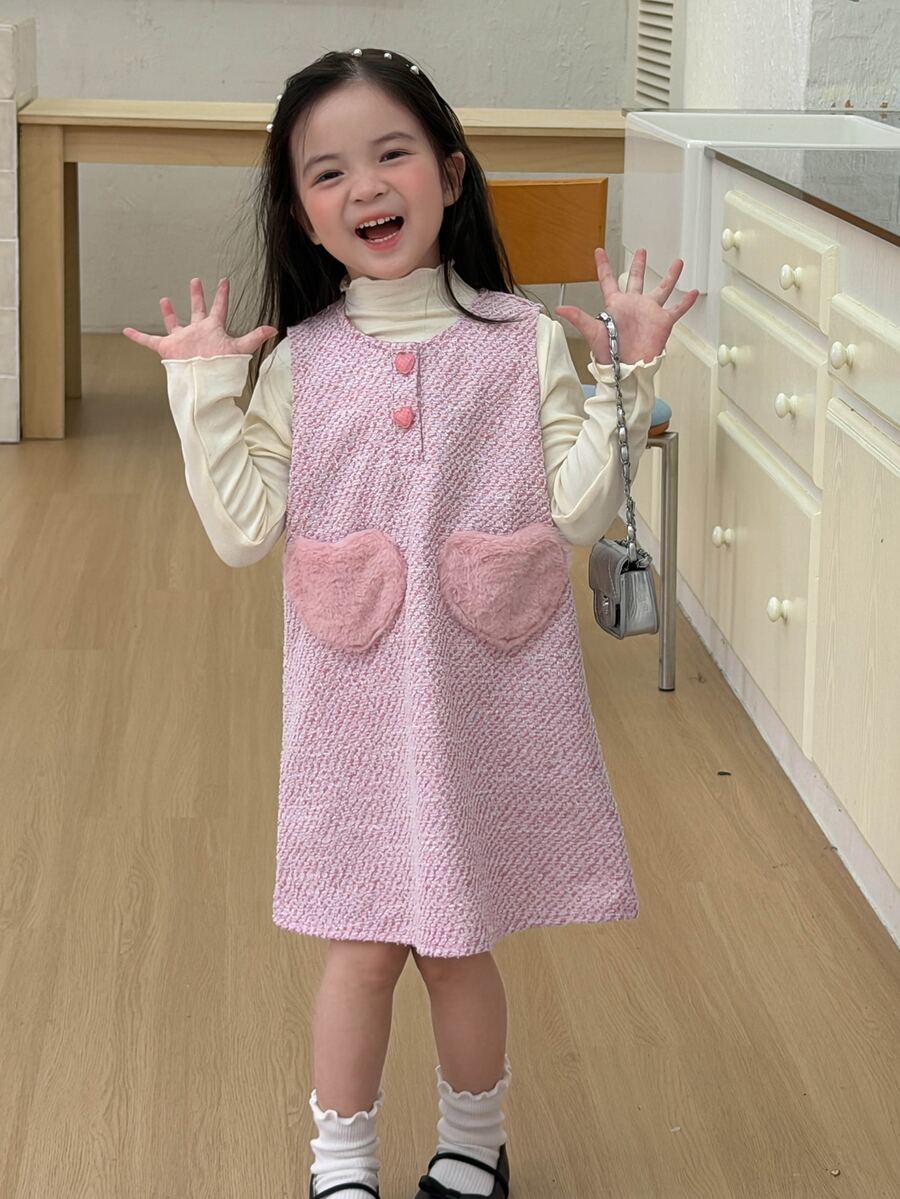 DAZY Young Girl Tweed Heart Button Dress - Pink - View 1
