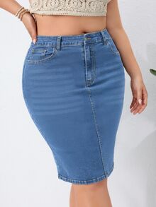 EMERY ROSE Plus Size Women's Casual Daily Outing Washed Denim Skirt With Pockets And Buttons - Medium Wash - View 6