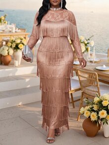 SHEIN Lady 大尺碼女款蕾絲拼接流蘇設計休閒派對洋裝 - 摩卡棕 - 查看 3