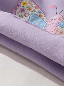 SHEIN Elladie kids 2件組幼童女款運動衫喇叭褲套裝，可愛紫色蝴蝶貼花花卉印花，長袖圓領，常規版型，派對秋季假期公主風套裝 - 紫色 - 查看 3