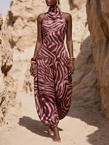 Zivah Women's Loose Zebra Print Cowl Neck Cover-Up Top With Lantern Pants, Beach Vacation - Multicolor - View 8