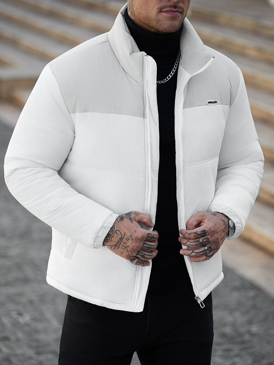 Manfinity Homme Men's Autumn/Winter Colorblock Quilted Padded Coat, Stand Collar Short Zip-Up Padded Coat, Elastic Hem And Cuffs, Suitable For Daily Outdoor Wear - Multicolor - View 1