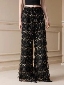 Arave Women's Mesh Embroidery Sequin High Waist Straight Leg Diamond Grid Tassel Embroidery Sequin Design Elegant Date Long Pants - Black - View 6