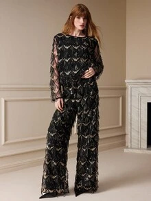 Arave Women's Mesh Embroidery Sequin High Waist Straight Leg Diamond Grid Tassel Embroidery Sequin Design Elegant Date Long Pants - Black - View 7