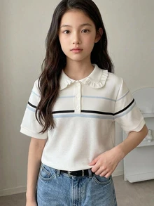 DAZY Basic Style Collared Striped Contrast Color Short Sleeve Top Girls (Large) T-Shirt - Beige - View 6