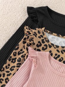 SHEIN Young Girl 3pcs Autumn Winter Ribbed Knit Long Sleeve Tops Casual Leopard Print Solid Color Ruffle Trim Crew Neck T-Shirts Set Everyday Shirts - Multicolor - View 4