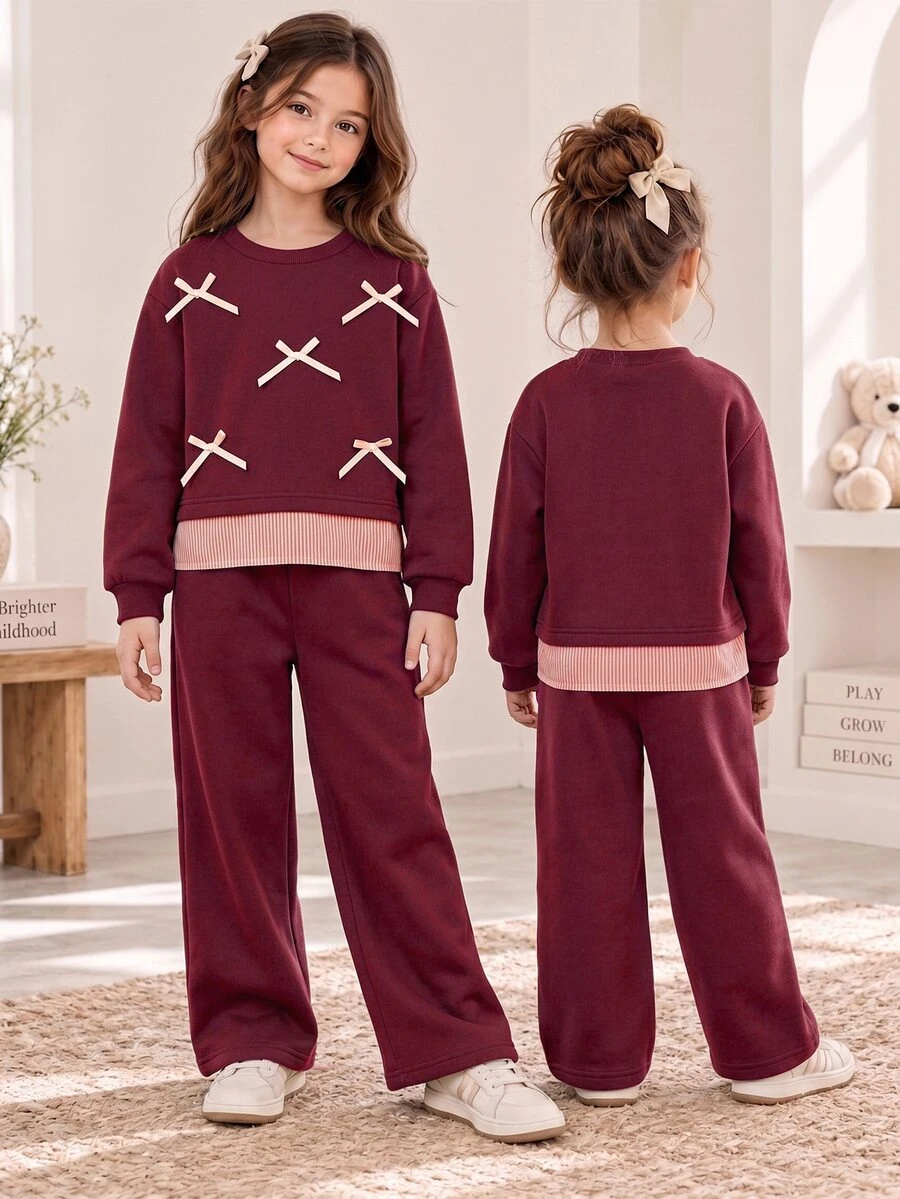 Genkimix Kids Young Girl Korean Style Energetic Loose Fit Grey Floral Sweatshirt 2 In 1 Bow Design 2 Pieces Set - Burgundy - View 1