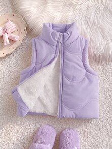 SHEIN Playful Pals 1件粉色立領無袖拉鍊抓絨背心，適合女嬰，適用於休閒外出、玩耍、拍照或舒適冬季百搭外套 - 淡紫色 - 查看 7
