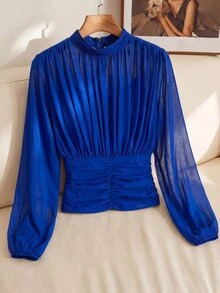 SHEIN Clasi 女款純色百褶休閒優雅性感百搭日常穿著日場派對晚餐夜間開學季奢華夏季咖啡棕色襯衫 - 寶藍色 - 查看 3