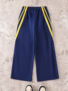 SHEIN 兒童青少年男孩休閒運動寬鬆直筒雙條紋運動長褲，適合秋冬、學校、家庭聚會、度假、派對，秋季穿搭，冬季穿搭 - 藏蓝色 - 查看 4