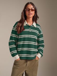Athîral 女款休閒學院風街頭風拼色 Polo 領綠白條紋長袖 T-shirt，秋季服飾，適合辦公室、學校，可愛上衣 - 綠色 - 查看 4