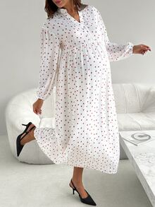 SHEIN Fall Maternity Polka Dot Pleated Casual Party & Travel Dress - White - View 4