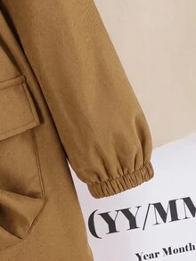 SHEIN Tween女孩寬鬆休閒連帽極簡純色收腰長袖百搭風衣秋季外套 - 棕色 - 查看 5