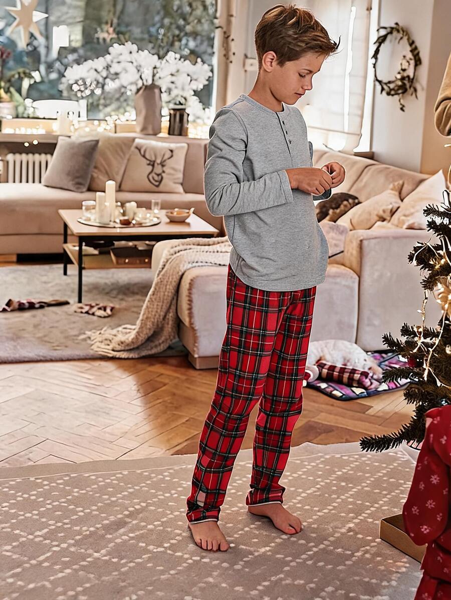 SHEIN Tween Boy Versatile Button Half-Placket Top And Plaid Pants Loungewear Set - Multicolor - View 1