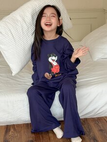 Dazy Kids (فتيات مراهقات) طقم ملابس منزلية كاجوال من قطعتين: تي شيرت علوي + بنطال كاجوال بقصة ساق مستقيمة، تصميم نمطي بسيط أساسي للخريف/الشتاء - أزرق بحري - مشاهدة 7