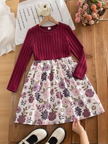 SHEIN Tween Girl Floral Print Long Sleeve Dress For Vacation And Daily Wear - Multicolor - View 1