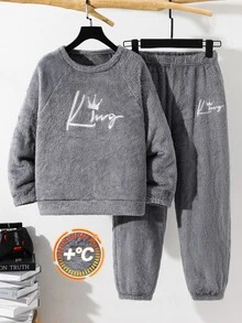 SHEIN 2件組兒童青少年男孩休閒雙面法蘭絨字母刺繡毛絨布家居服套裝，適合秋冬、學校、家庭聚會、開學季、運動、秋季穿搭、冬季穿搭、生日派對 - 灰色 - 查看 3