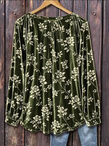 Linhara Women's Plus Size Autumn/Winter Simple Versatile Retro Green Korean Fleece Random Print Long Sleeve Round Neck Pleated Design Suitable For Autumn/Winter Wear - Green - View 2
