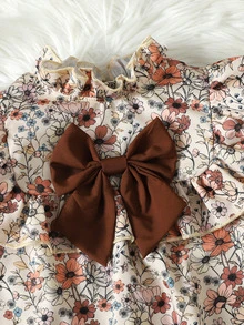 SHEIN 女童冬季假期休閒杏色卡其棕優雅碎花蝴蝶結長袖寬鬆洋裝，秋季花卉洋裝，適合學校、返校、校服 - 咖啡 - 查看 3