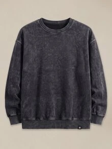 EASEVO Herr sweatshirt i plus size, avslappnad rundhals, enfärgad med kontrasterande patchwork, vår/höst/vinter - Svart - Visa 1