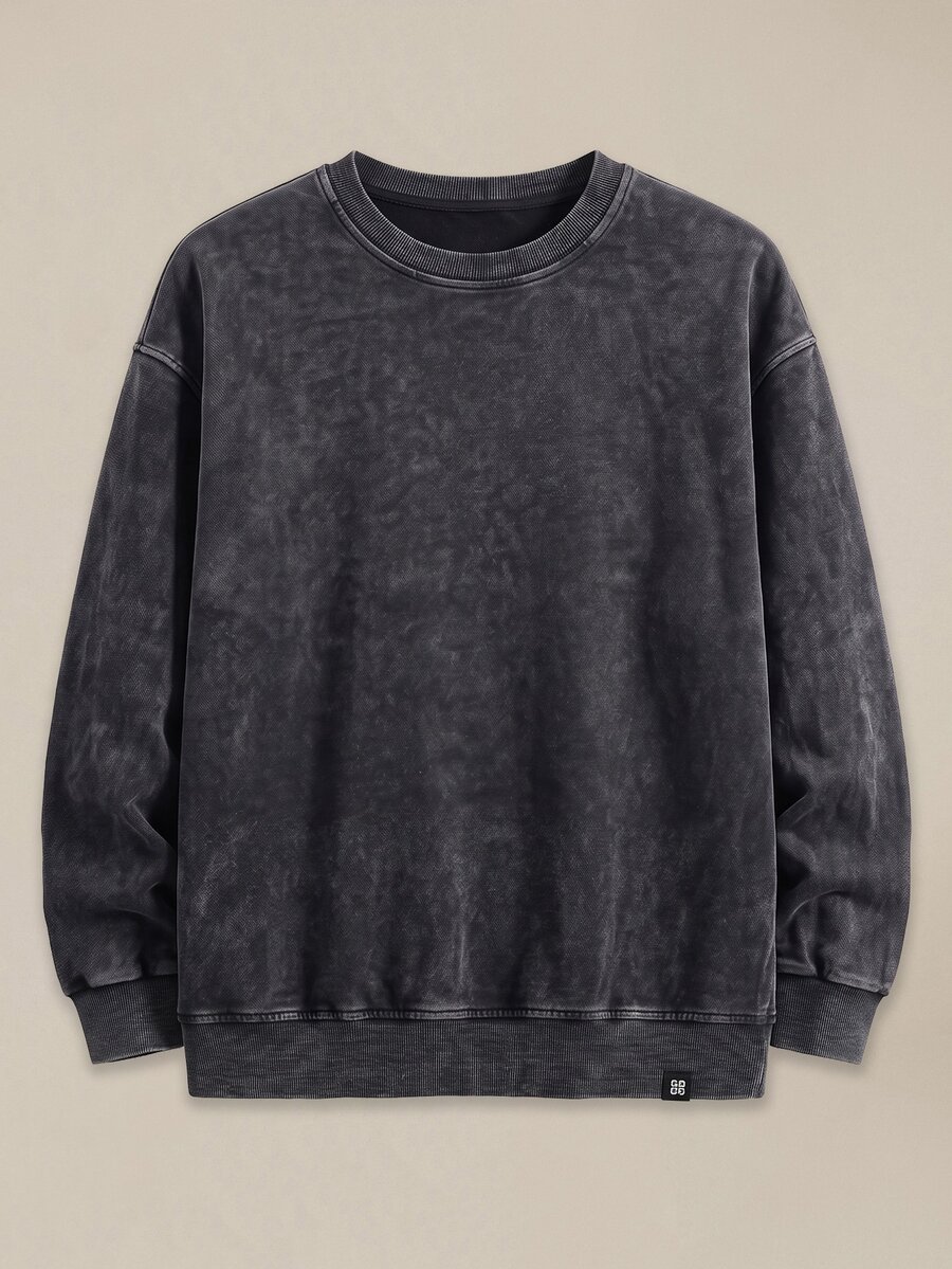 EASEVO Herr sweatshirt i plus size, avslappnad rundhals, enfärgad med kontrasterande patchwork, vår/höst/vinter - Svart - Visa 1
