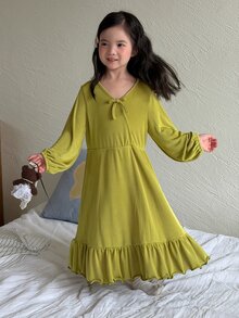 Dazy Kids 女童純色蝴蝶結裝飾長袖居家休閒連身裙 秋季 - 綠色 - 查看 6