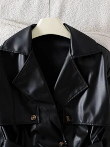 SHEIN Teen Girl Solid Color Waist Tie Casual Versatile Long Sleeve Jacket - Black - View 3
