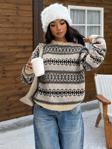 SHEIN EZwear 女款冬季毛衣，復古圖案費爾島圓領長袖，聖誕新年造型 - 杏色 - 查看 6