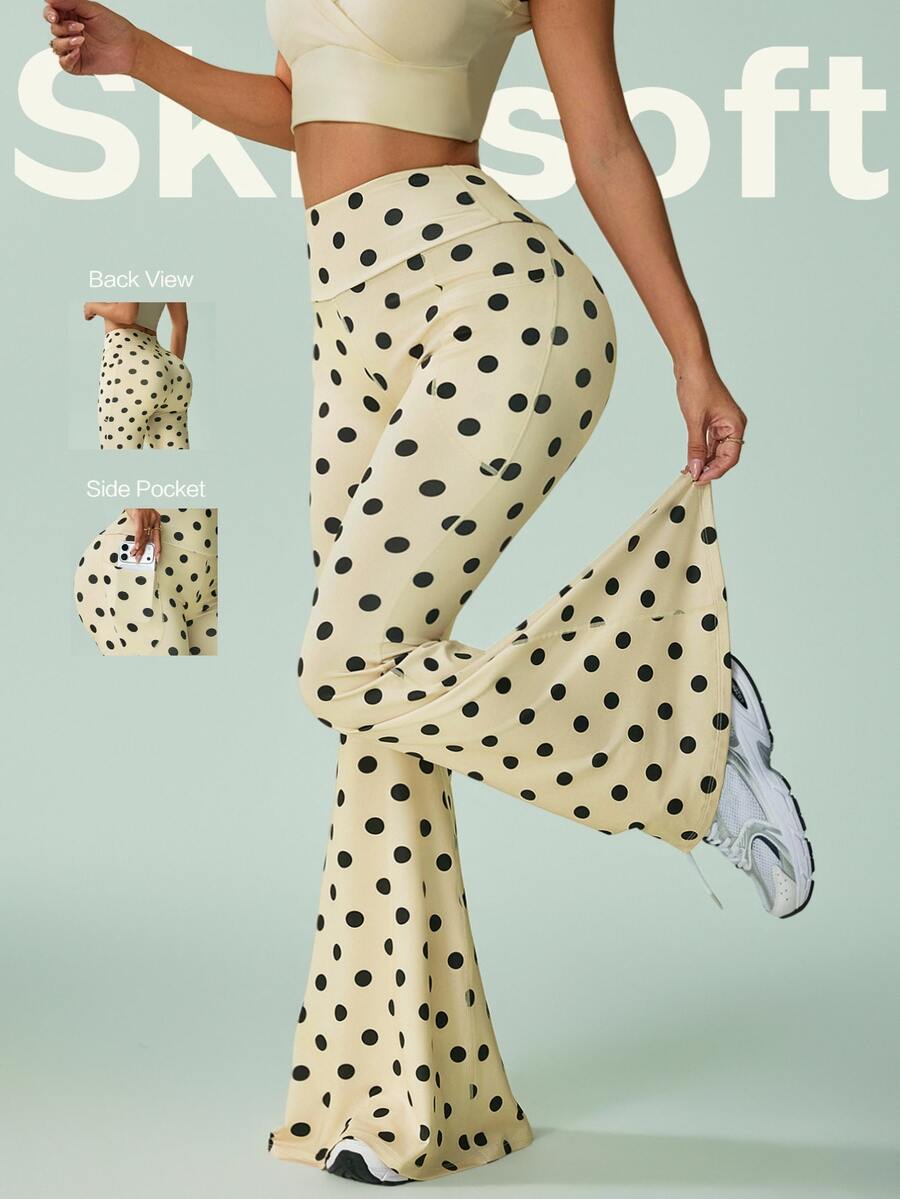 Sovereign Charm Women's Polka Dot Print Flare Leg Sports Pants With Pockets - Light Yellow - View 1